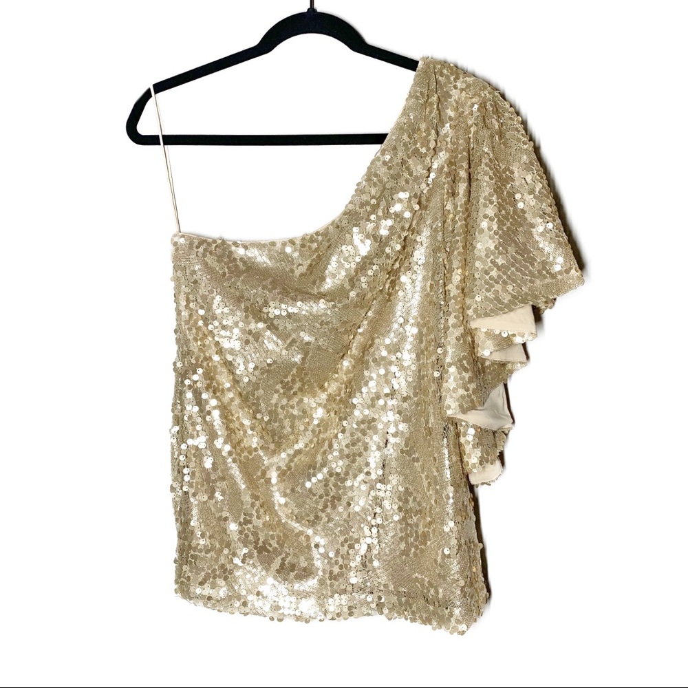 Badgley Mischka One Shoulder Gold Sequin Top